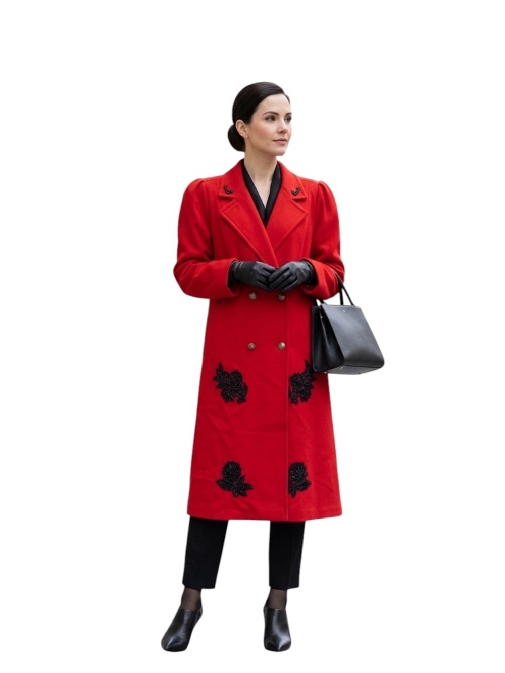 Vintage Jofeld Red Wool Coat Black Floral Appliqué USA Midi Jacket